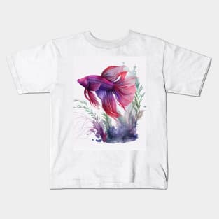 Purple and Red Betta Fish Watercolor Kids T-Shirt